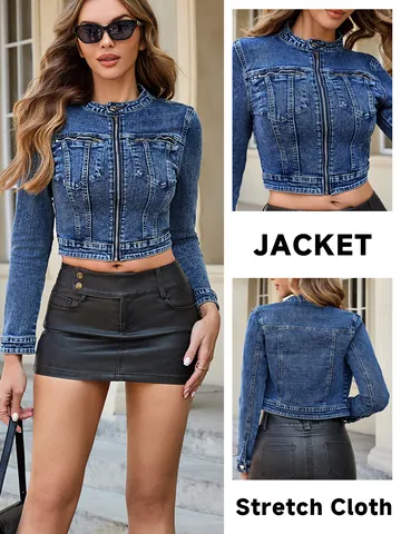 Women American Casual Slim Fit Blue Denim Jacket Short Denim Outerwear Top For Spring Summer Daily Style