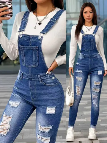 Women's Stretch Slim Denim Distressed Suspender Pants Ripped Pencil Jeans Overalls For Streetwear Casual Jumpsuits