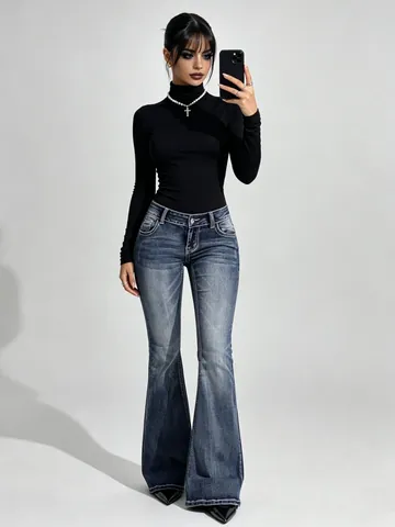 Vintage Washed Flare Jeans For Women Slim Fit Low Waist Floor Length Stretch Denim Pants Y2K Retro Streetwear Blue Jeans