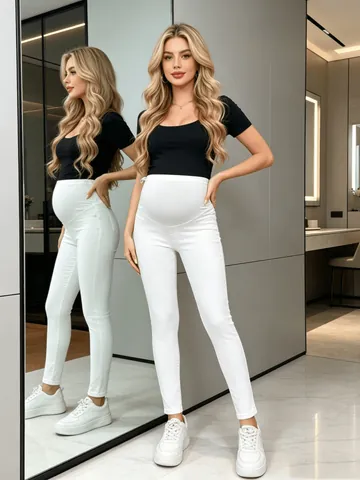 White Maternity Jeans Over The Belly Support Panel Slim Fit Skinny Cotton Denim Pants For Pregnant Women Casual Maternity Bottoms