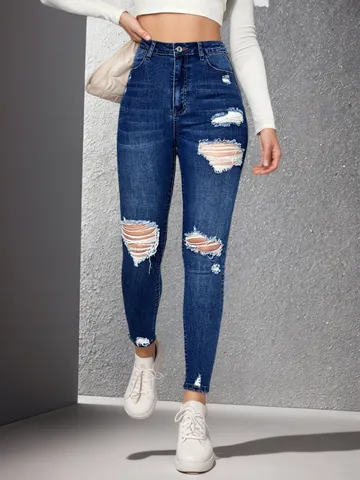 Dames High Street Elastische Gescheurde Denim Jeans Slim Fit Skinny Potloodbroek Enkellange Casual Denim Broek