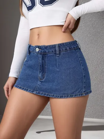 Vintage Distressed Denim Skorts For Women With Safety Shorts Lining High Waist Washed Cotton Blend Mini Skirt Retro Streetwear Bottom
