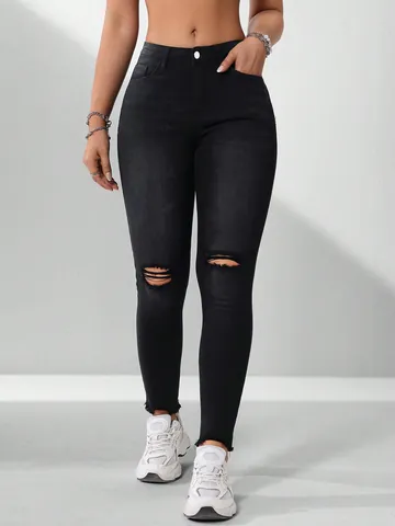Dames High Waist Slim Fit Gescheurde Zwarte Jeans Met Rauwe Zoom Elastische Denim Skinny Potloodbroek Voor Dagelijks Gebruik