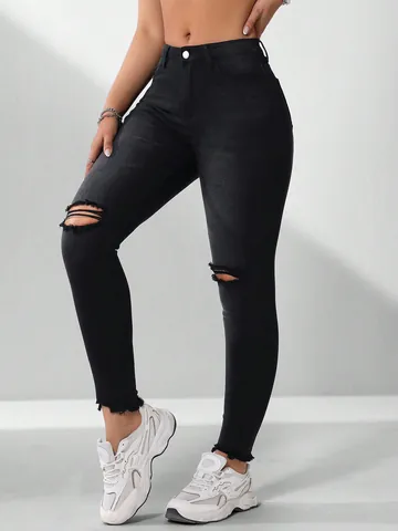 Dames High Waist Slim Fit Gescheurde Zwarte Jeans Met Rauwe Zoom Elastische Denim Skinny Potloodbroek Voor Dagelijks Gebruik