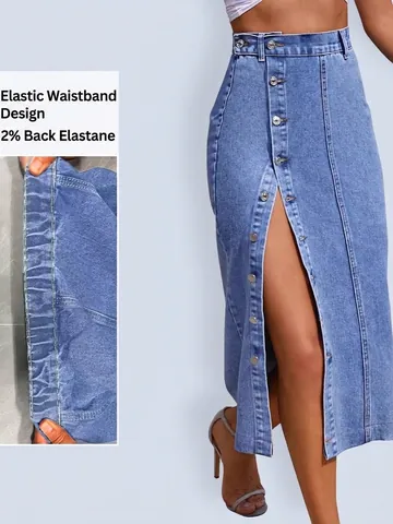 Jupe en Jean pour Femmes Taille Haute Simple Boutonnage Midi Trapèze Lavée Fente Ourlet Décontracté Bas Streetwear Rétro