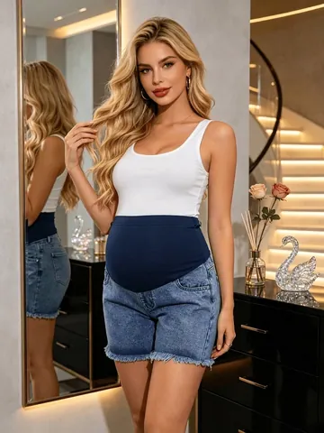 Short en Denim de Grossesse pour Femme Taille Haute Soutien du Ventre Haute Élasticité Bords Effilochés Lavé Short Décontracté Été