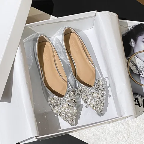 Damen Französisch Hochzeitsschuhe Spitze Zehe Strass Schleife Perle Flache Schuhe Elegante Bankett Party PU-Leder Kleid Schuhe Gold Silber Schwarz