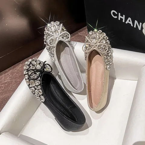 Women Rhinestone Bow Ballet Flats Sweet Fairy Style Soft Sole Flat Shoes Comfortable Slip On Low Cut Dress Shoes