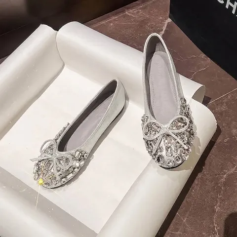 Women Rhinestone Bow Ballet Flats Sweet Fairy Style Soft Sole Flat Shoes Comfortable Slip On Low Cut Dress Shoes