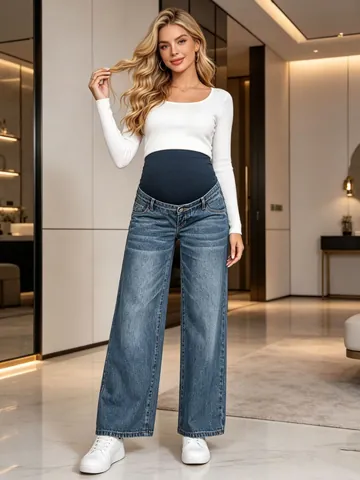 Western Style Maternity Straight Leg Jeans High Waist Belly Support High Elasticity Soft Denim Pants For Pregnant Women