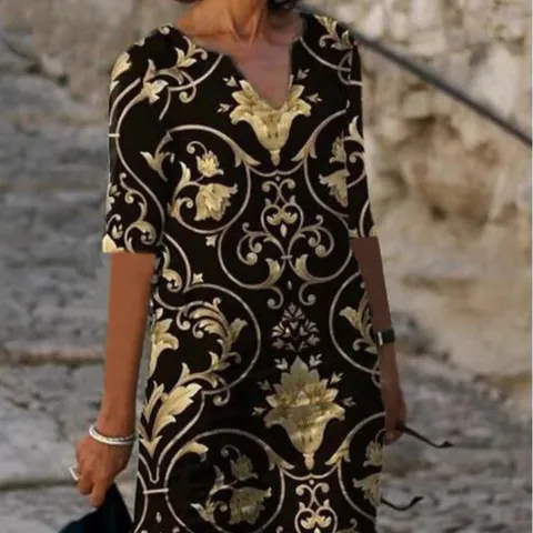 Women Vintage Printed Dress V-Neck Half Sleeve Plus Size Loose Casual Abstract Print Midi Dress Polyester Floral Robe