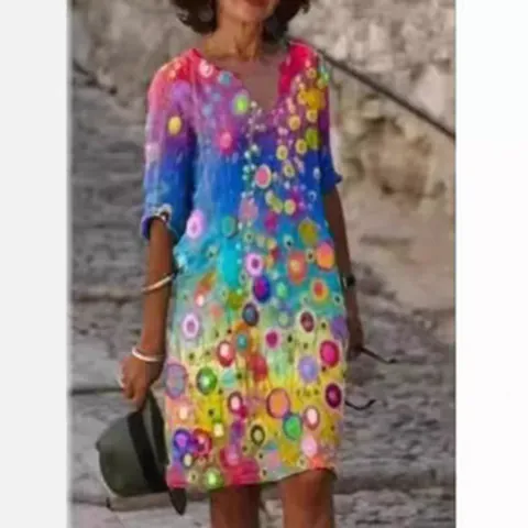 Women Vintage Printed Dress V-Neck Half Sleeve Plus Size Loose Casual Abstract Print Midi Dress Polyester Floral Robe