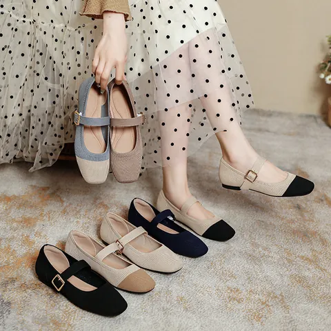 Ballerines Mary Jane en Tricot pour Femmes Chaussures Tissées Respirantes Bout Carré Mocassins Décontractés Chaussures à Bride Confortables