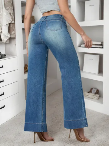 Women American Vintage Wide Leg Jeans Washed Denim Cotton Straight Loose Pants With Double Patch Pockets Streetwear Fashion Long Trousers
