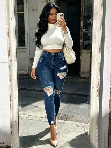 Dames High Waist Gescheurde Skinny Jeans Rekbare Denim Broek Met Rafelige Rand Diepblauw Slim Fit Mode Broeken