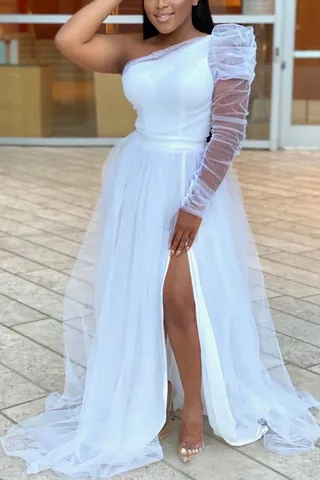 Women Plus Size One Shoulder Puff Long Sleeve Mesh Maxi Dress Elegant High Slit Party Evening Ball Gown Large Hem Solid Color Dress
