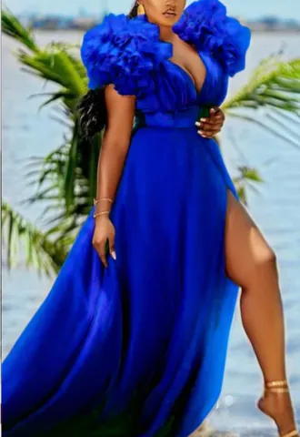 Plus Size Women V Neck Ruffle Sleeve High Slit Mesh Maxi Dress Banquet Party Evening Gown Elegant Solid Color Solid Vestido