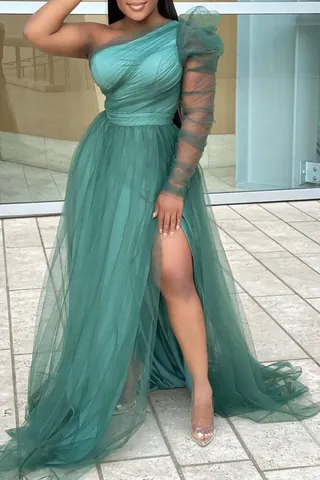 Women Plus Size One Shoulder Puff Long Sleeve Mesh Maxi Dress Elegant High Slit Party Evening Ball Gown Large Hem Solid Color Dress