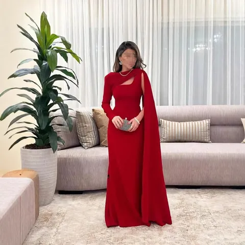 Dames Elegante Rode One Shoulder Avondjurk Sexy Bodycon Cutout Maxi Jurk Met Cape Mouw Voor Bruiloft Feest Formeel Evenement