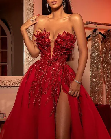Women Sexy Off-Shoulder Embroidered Sequin Evening Gown High Slit Ball Gown Formal Party Banquet Maxi Dress