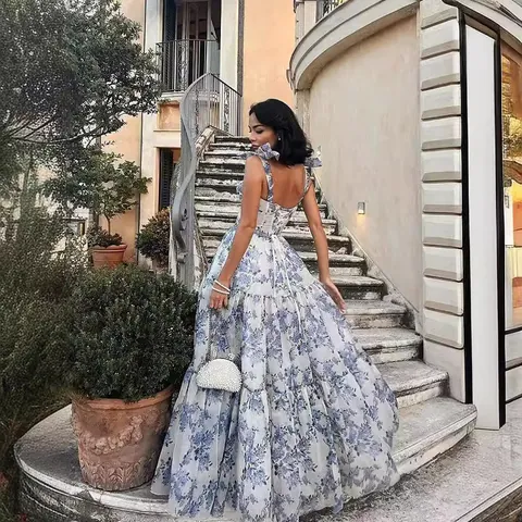 Women's Elegant Organza Floral Long Dress Ethereal Tiered Evening Gown With Bow Shoulder Straps French Vintage Midi Dress