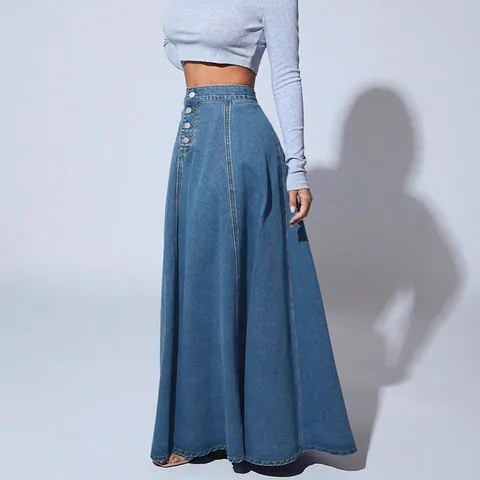 Women's High Waist Denim Maxi Skirt Single Breasted A-Line Washed Cotton Blend Skirt With Contrast Stitching Streetwear