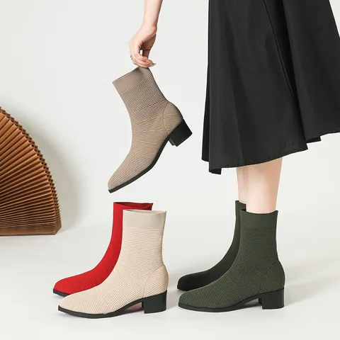 Women Pointed Toe Knit Ankle Boots Elastic Sock Booties Block Mid Heel Slip On Slimming Fashion Footwear