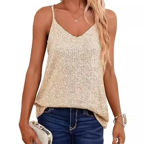 Women's Sexy Deep V-Neck Sequin Cami Top Sleeveless Loose Drape Polyester Tank Top For Casual Party Nightclub Vest Top