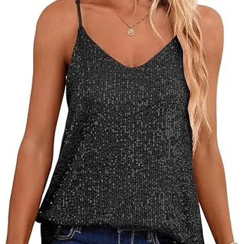 Women's Sexy Deep V-Neck Sequin Cami Top Sleeveless Loose Drape Polyester Tank Top For Casual Party Nightclub Vest Top