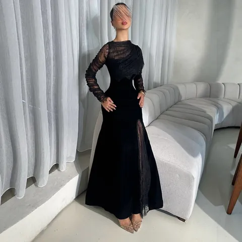 Elegante Vestido Maxi de Mujer Negro de Poliéster con Patchwork de Encaje Corte Ajustado Manga Larga Abertura Alta Fiesta