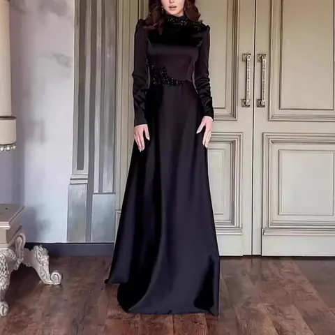 Vestido de Noche Elegante Vintage de Satén Negro para Mujer Manga Larga Lentejuelas Cuentas Vestido de Fiesta Formal