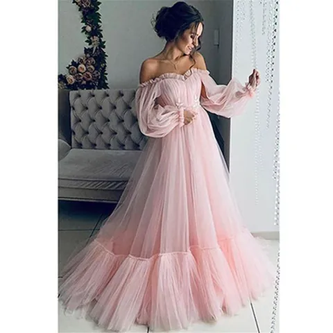 Women Elegant Off-Shoulder Tulle Mesh Long Sleeve Wedding Dress Sweet Mesh Puff Sleeve Evening Party Gown A-Line Gown