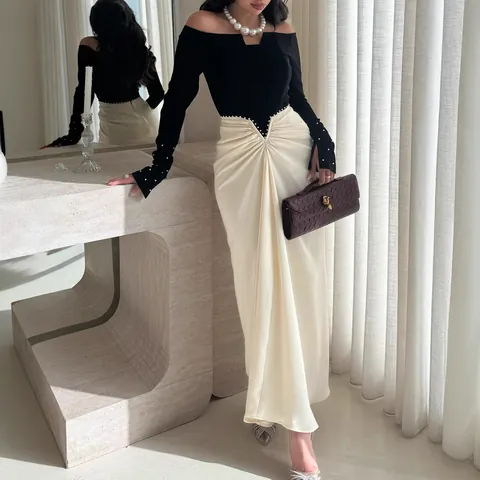 Vestido de Noche Elegante para Mujer Hombros Descubiertos Manga Larga Patchwork Con Decoración de Perlas Artificiales Plisado Ajustado Boda Fiesta