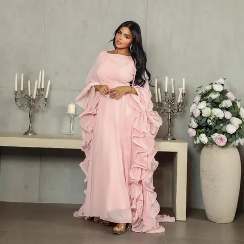 Printed Pink Ruffle Sleeve Mesh Evening Gown For Women Sexy Backless Lace Up Maxi Dress Tulle Party Prom Ball Gown Dress