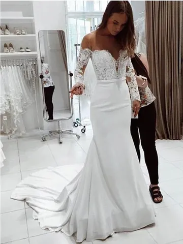 Women Elegant Off-Shoulder Lace Long Sleeve Wedding Dress Sexy Mermaid Floor-Length Bridal Gown For Banquet Party