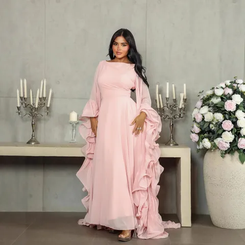 Printed Pink Ruffle Sleeve Mesh Evening Gown For Women Sexy Backless Lace Up Maxi Dress Tulle Party Prom Ball Gown Dress