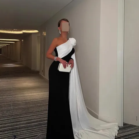 Elegante Eén Schouder 3D Bloem Avondjurk Voor Vrouwen Zwart Wit Contrast Bodycon Maxi Jurk Met Sjaal Cape Bruiloft Banket