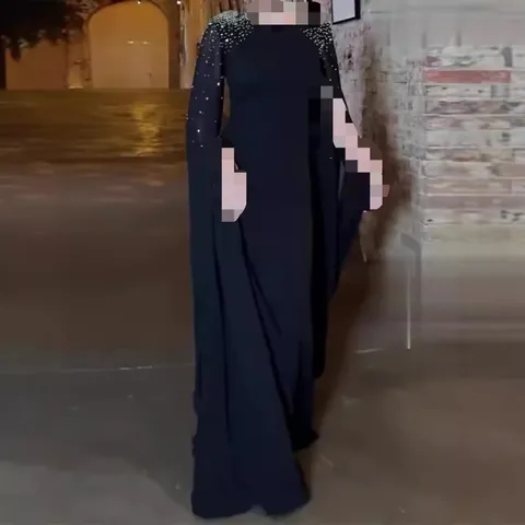Elegantes Damen Strass Cape Ärmel Abendkleid Slim Fit Bodenlang Bankett Formelles Kleid Herbst Winter Party Kleidung