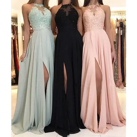 Women Halter Neck Lace Chiffon Maxi Dress Sleeveless High Waist V Neck Split Hem Sexy Elegant Evening Party Prom Banquet Gown Linen Polyester Blend Dress