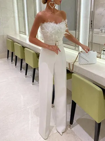 Mono Elegante con Top de Tubo de Plumas para Mujer Poliéster Hombros Descubiertos Cintura Alta Pierna Ancha Mono Largo Fiesta Banquete