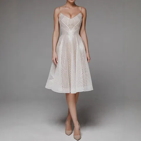Robe Sexy à Col en V et Fines Bretelles pour Femmes Robe Brodée en Ligne A Dos Nu Robe de Soirée Formelle Élégante