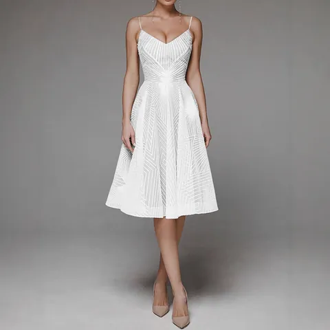 Robe Sexy à Col en V et Fines Bretelles pour Femmes Robe Brodée en Ligne A Dos Nu Robe de Soirée Formelle Élégante