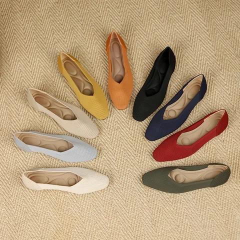 Women Casual Loafers Flying Weave Knitted Mesh Square Toe Flat Shoes Breathable Shallow Mouth Daily Walking Comfortable Shoes