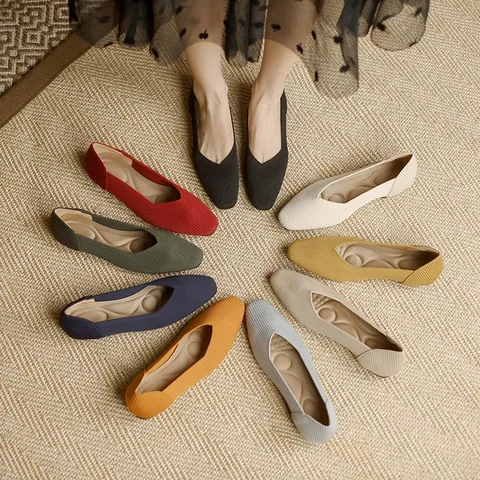 Women Casual Loafers Flying Weave Knitted Mesh Square Toe Flat Shoes Breathable Shallow Mouth Daily Walking Comfortable Shoes