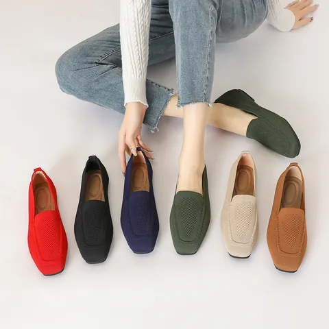 Damen Casual Gestrickte Eckige Zehen Ballett-Flats Atmungsaktive Mesh Slipper Bequeme Softsohle Gewebte Spitze Schuhe