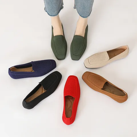 Damen Casual Gestrickte Eckige Zehen Ballett-Flats Atmungsaktive Mesh Slipper Bequeme Softsohle Gewebte Spitze Schuhe