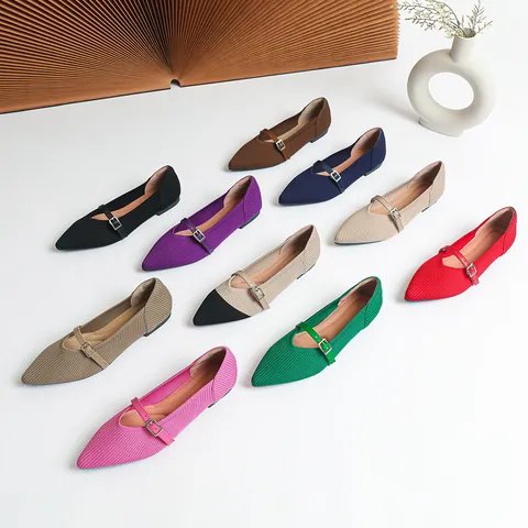 Chaussures Plates Flyknit à Bout Pointu pour Femmes Mary Jane à Boucle à Bride Unique Coupe Basse Mocassins Décontractés