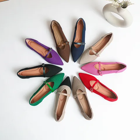 Chaussures Plates Flyknit à Bout Pointu pour Femmes Mary Jane à Boucle à Bride Unique Coupe Basse Mocassins Décontractés