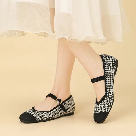Ballerines Mary Jane Vintage en Maille pour Femmes Bout Rond Rétro Respirant Bride à Boucle Carrée Chaussures Plates Décontractées