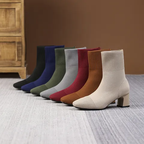 Women's Knit Stretch Ankle Boots Square Toe Chunky High Heel Sock Boots Breathable Slip-on Fashion Short Boots